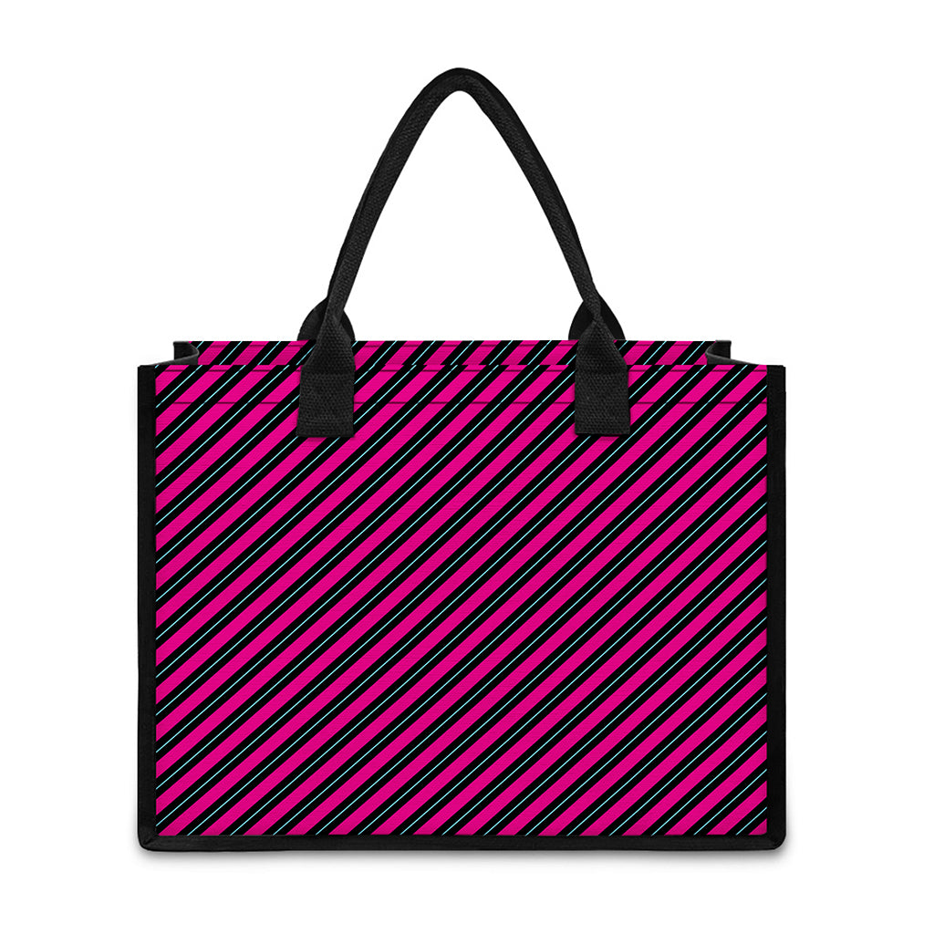 Hot Pink Black And Blue Stripes Print Canvas Tote Bag