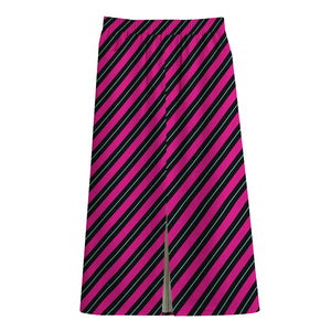 Hot Pink Black And Blue Stripes Print Cotton Front Slit Maxi Skirt