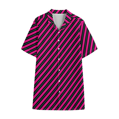 Hot Pink Black And Blue Stripes Print Cotton Hawaiian Shirt