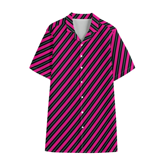 Hot Pink Black And Blue Stripes Print Cotton Hawaiian Shirt