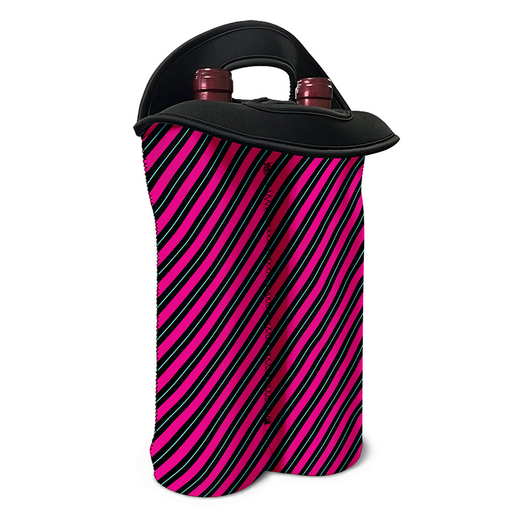 Hot Pink Black And Blue Stripes Print Double Neoprene Wine Tote