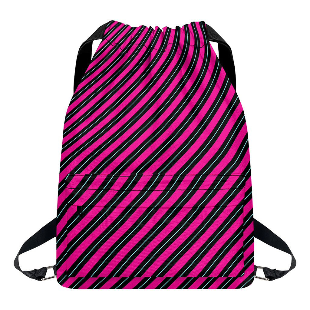 Hot Pink Black And Blue Stripes Print Drawstring Backpack