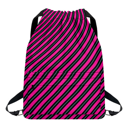 Hot Pink Black And Blue Stripes Print Drawstring Backpack