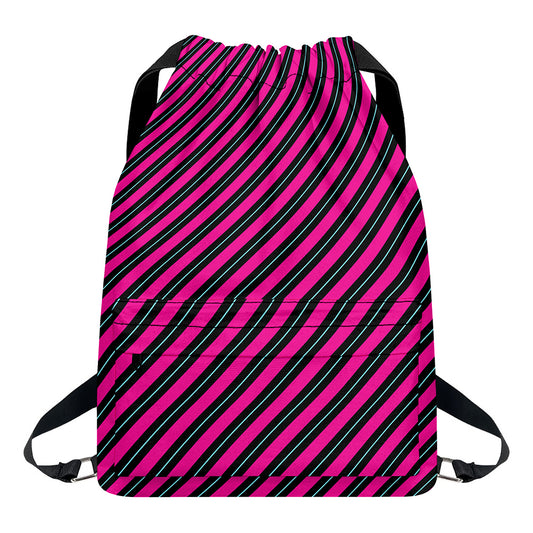 Hot Pink Black And Blue Stripes Print Drawstring Backpack