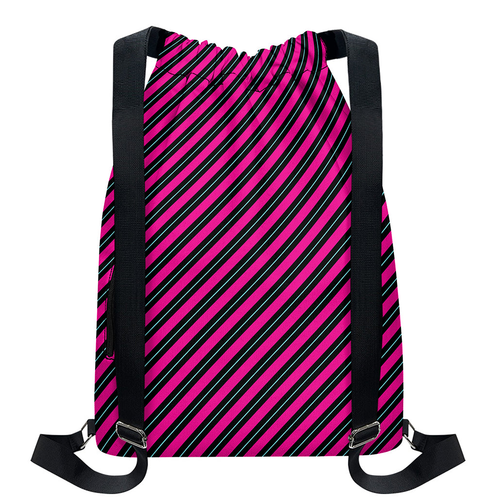 Hot Pink Black And Blue Stripes Print Drawstring Backpack