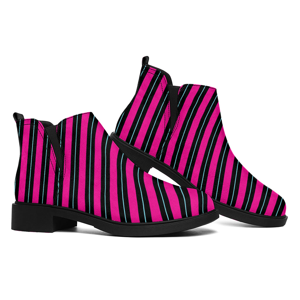 Hot Pink Black And Blue Stripes Print Flat Ankle Boots