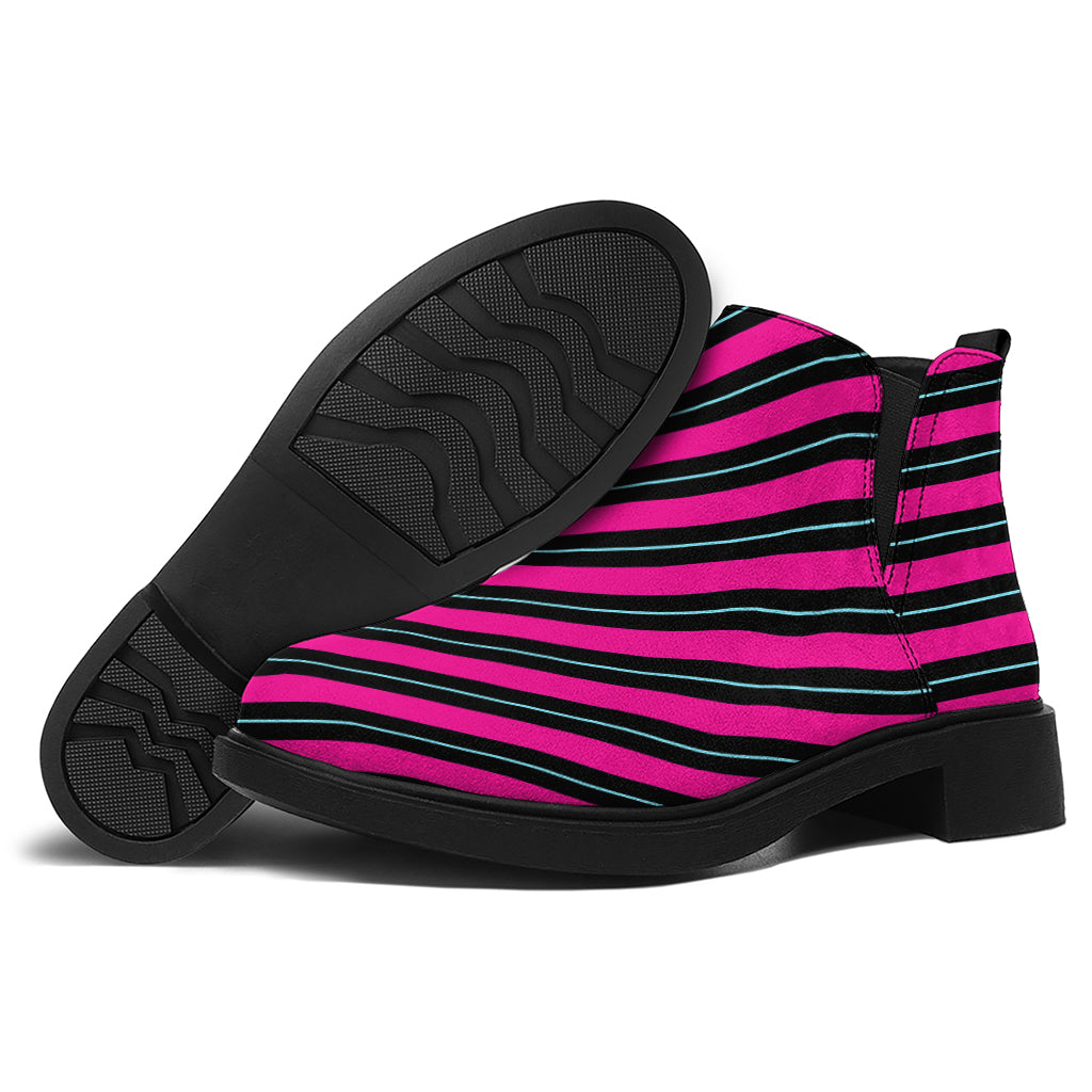 Hot Pink Black And Blue Stripes Print Flat Ankle Boots