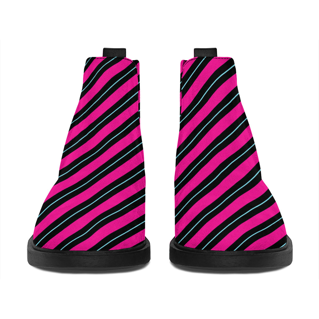 Hot Pink Black And Blue Stripes Print Flat Ankle Boots