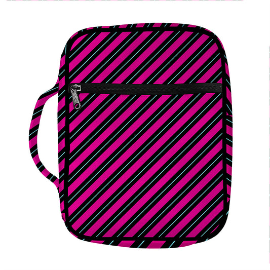 Hot Pink Black And Blue Stripes Print Front Pocket Bible Bag