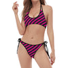 Hot Pink Black And Blue Stripes Print Halter Scoop Tie Side Bikini