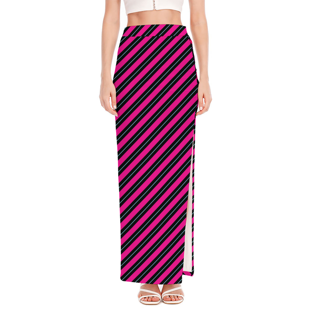 Hot Pink Black And Blue Stripes Print High Slit Maxi Skirt