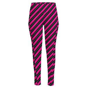 Hot Pink Black And Blue Stripes Print High-Waisted Pocket Leggings