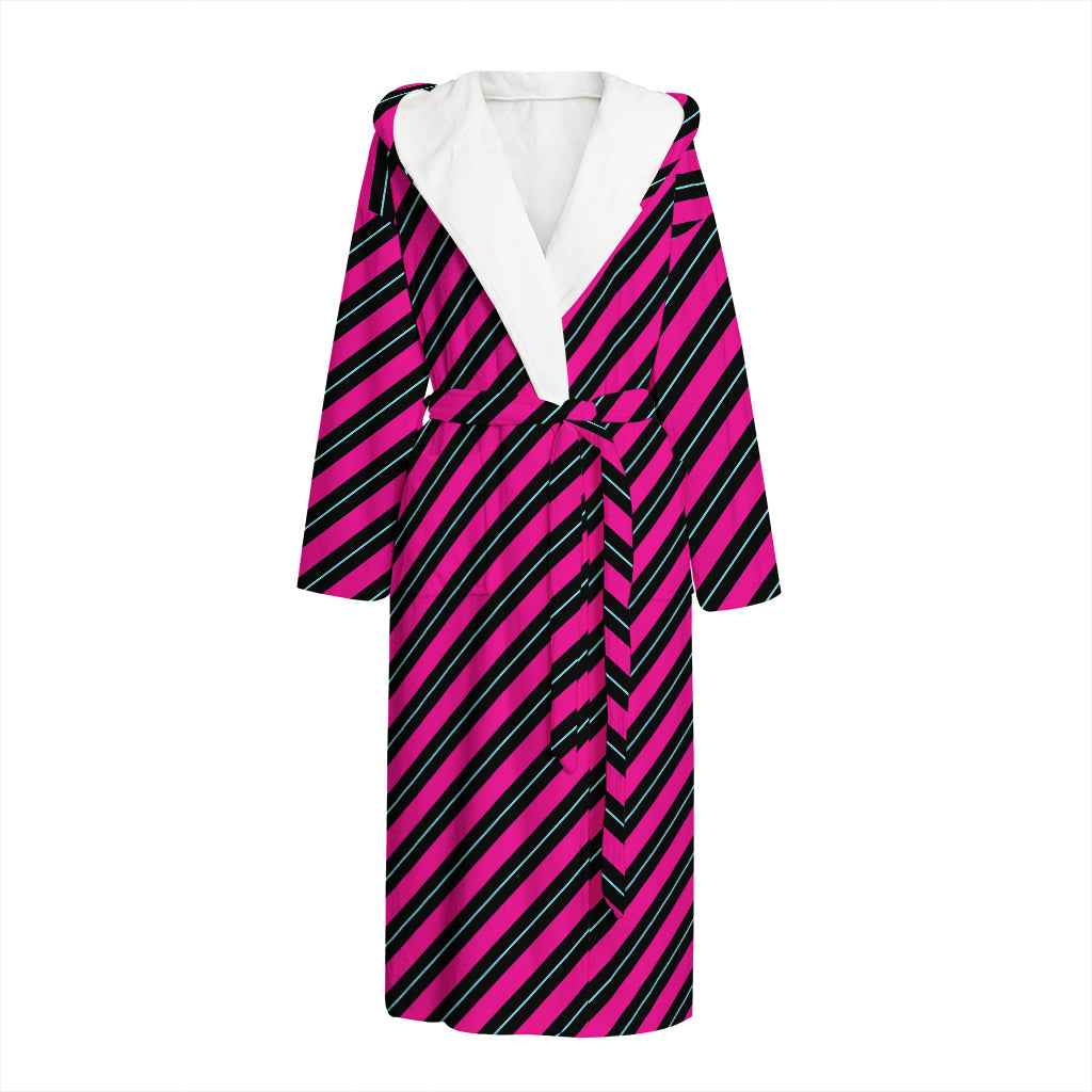 Hot Pink Black And Blue Stripes Print Hooded Bathrobe