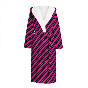 Hot Pink Black And Blue Stripes Print Hooded Bathrobe