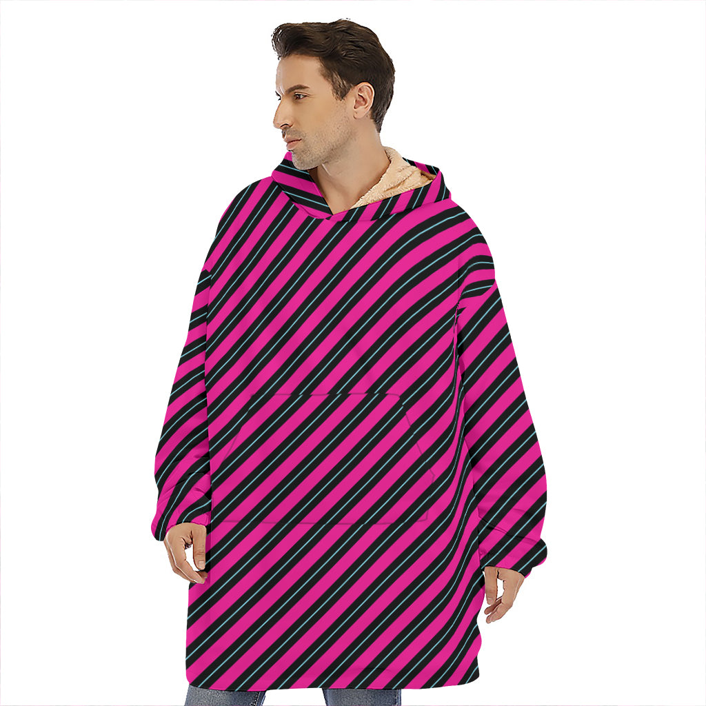 Hot Pink Black And Blue Stripes Print Hoodie Blanket