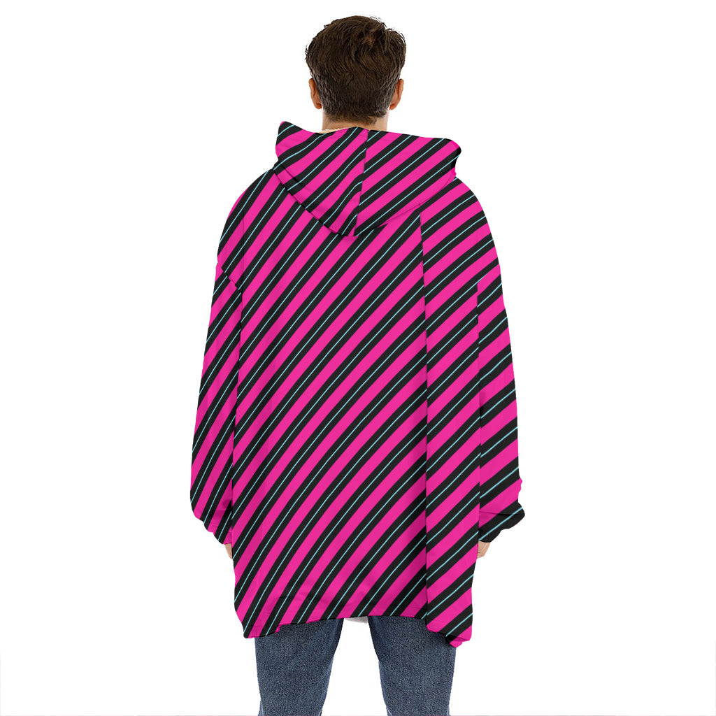 Hot Pink Black And Blue Stripes Print Hoodie Blanket
