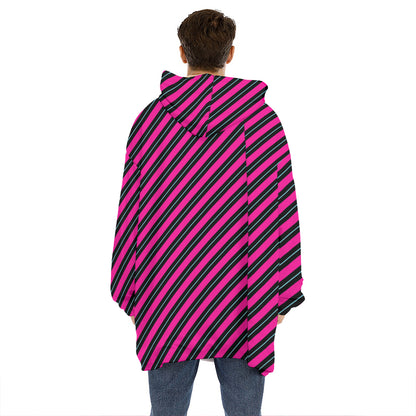Hot Pink Black And Blue Stripes Print Hoodie Blanket