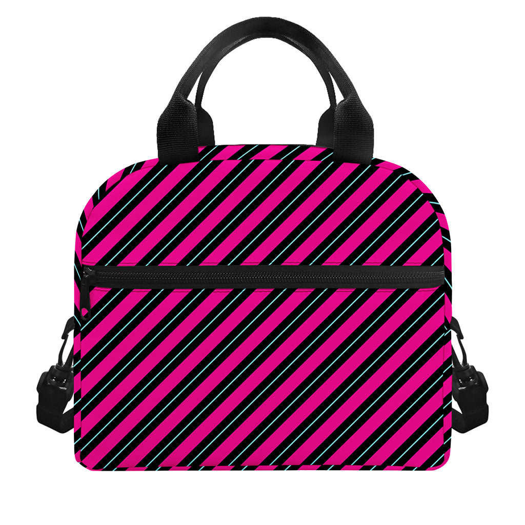 Hot Pink Black And Blue Stripes Print Insulated Lunch Bag