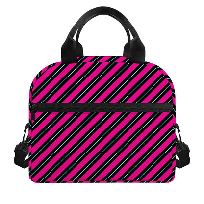 Hot Pink Black And Blue Stripes Print Insulated Lunch Bag