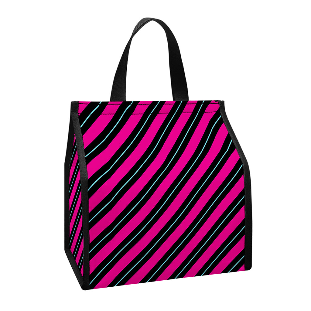 Hot Pink Black And Blue Stripes Print Insulated Lunch Tote
