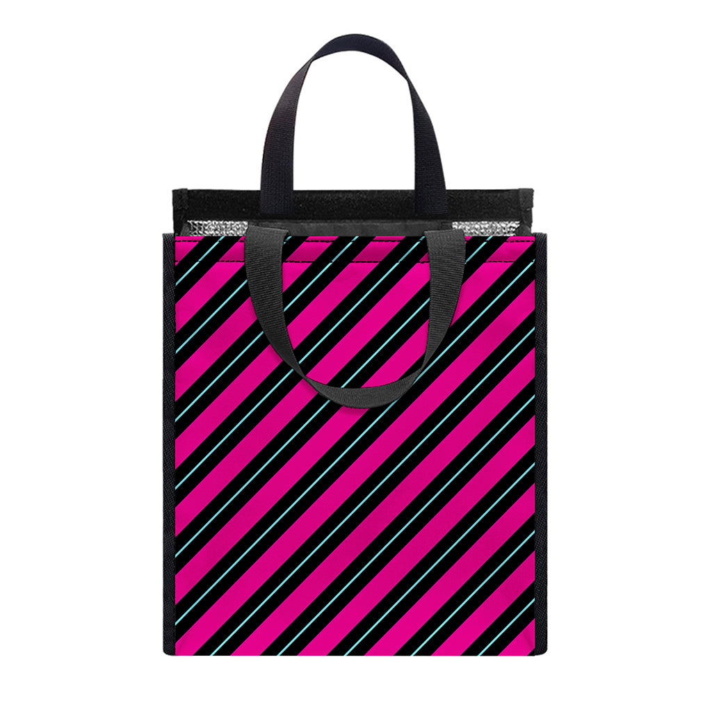 Hot Pink Black And Blue Stripes Print Insulated Lunch Tote