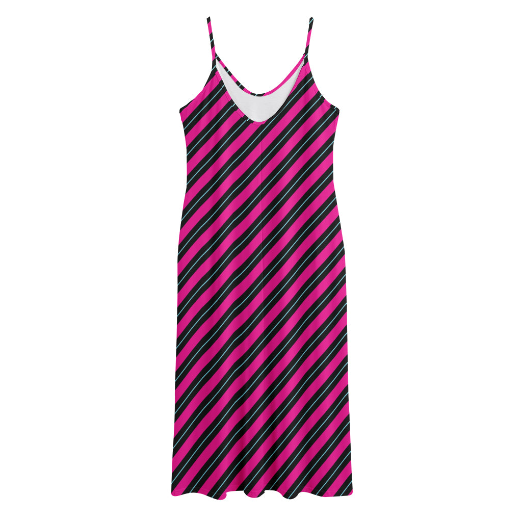 Hot Pink Black And Blue Stripes Print Jersey Midi Cami Dress