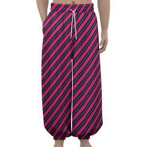 Hot Pink Black And Blue Stripes Print Lantern Pants