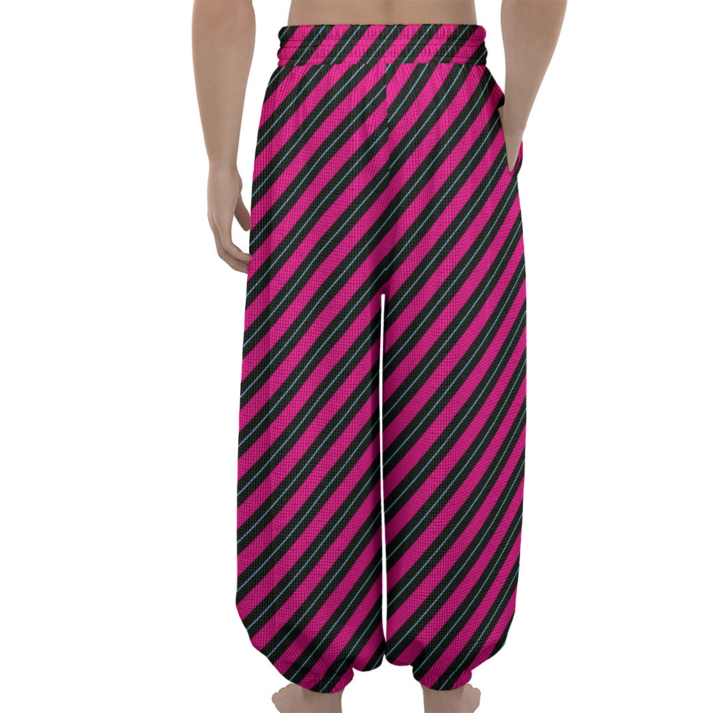 Hot Pink Black And Blue Stripes Print Lantern Pants