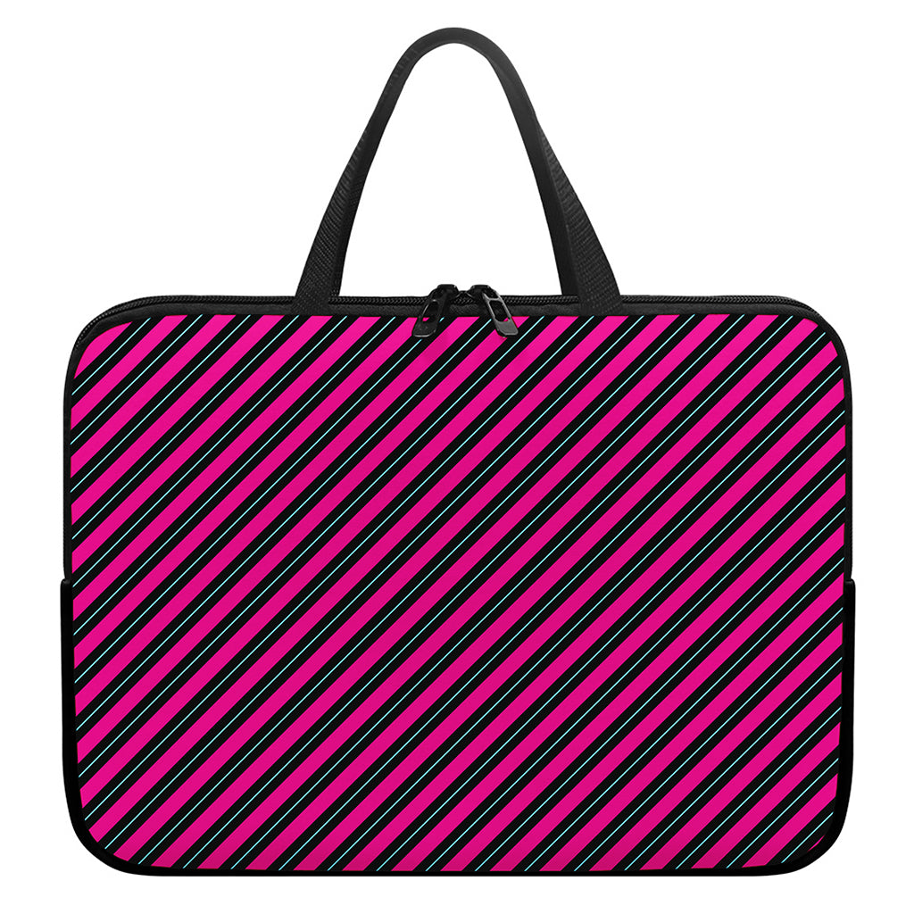 Hot Pink Black And Blue Stripes Print Laptop Sleeve With Handle