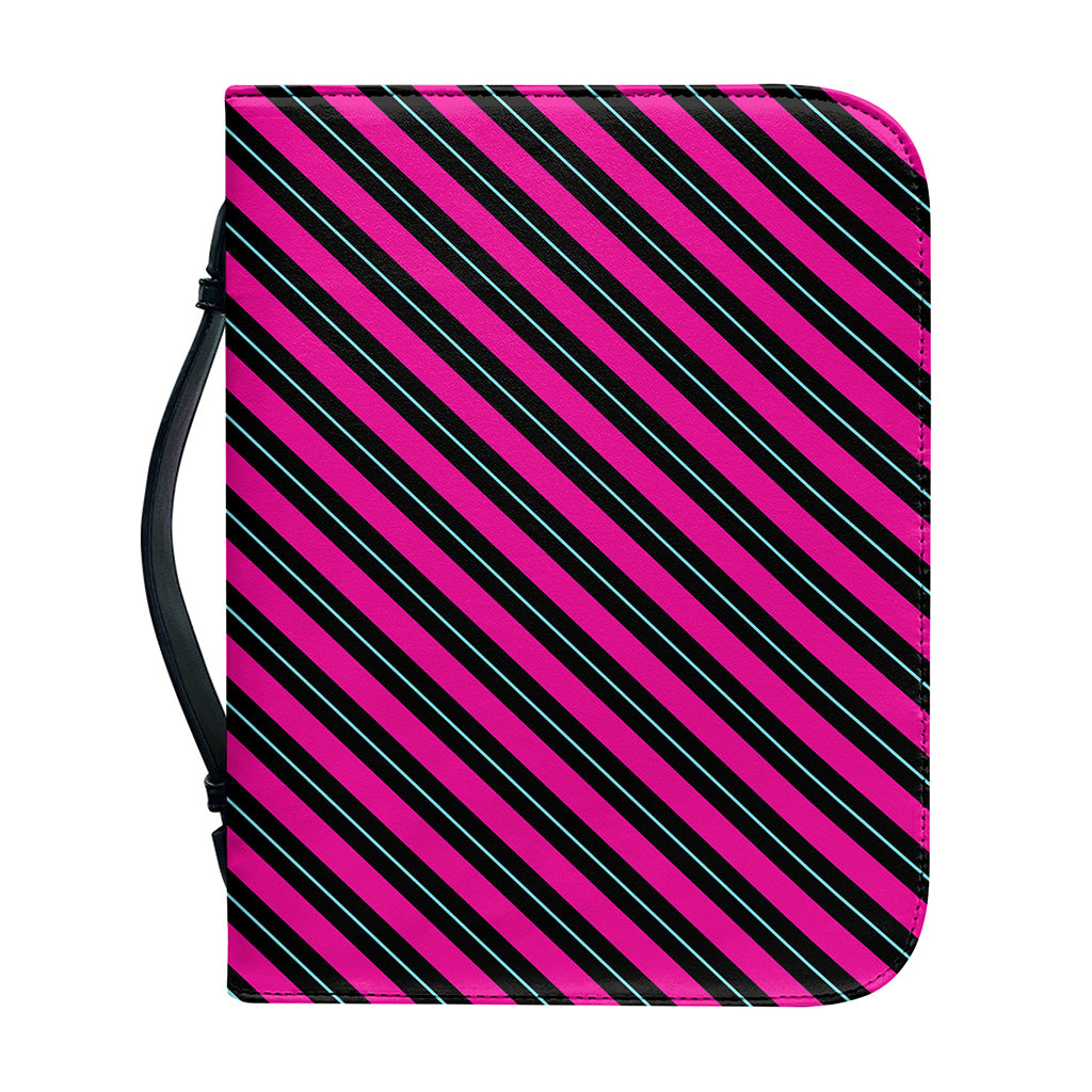 Hot Pink Black And Blue Stripes Print Leather Bible Cover
