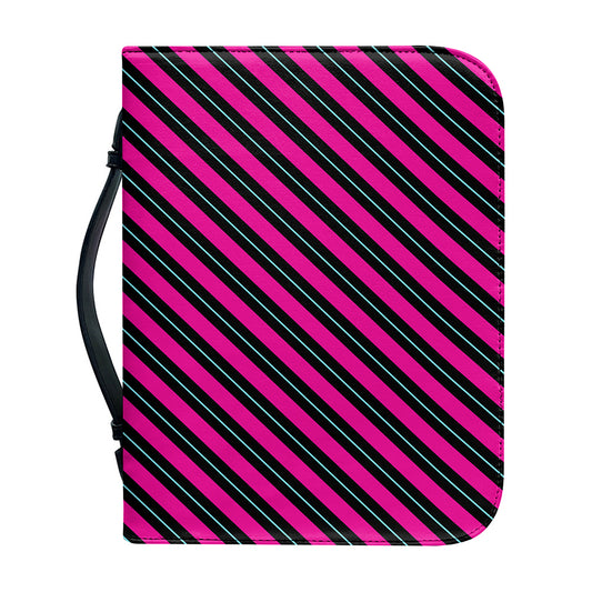 Hot Pink Black And Blue Stripes Print Leather Bible Cover