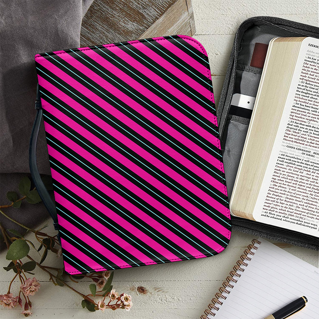 Hot Pink Black And Blue Stripes Print Leather Bible Cover