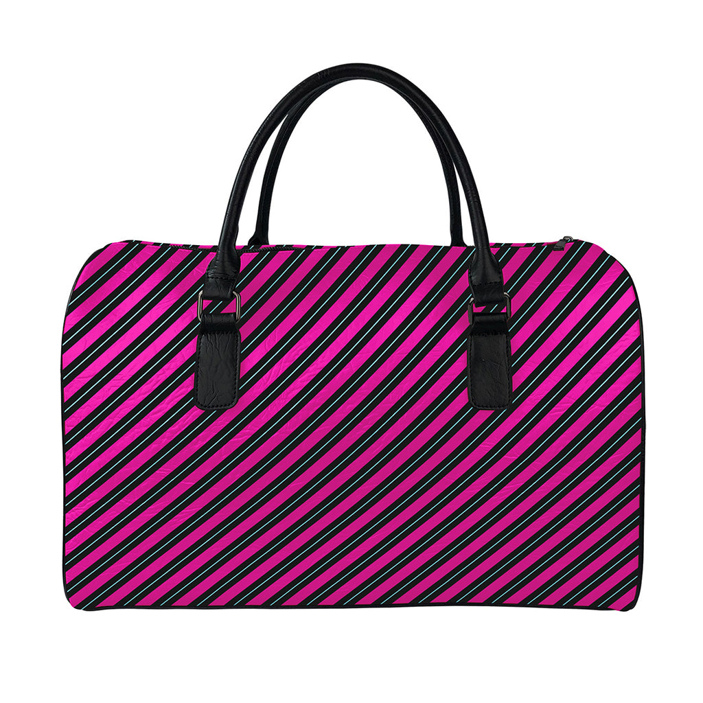 Hot Pink Black And Blue Stripes Print Leather Duffle Bag