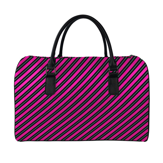 Hot Pink Black And Blue Stripes Print Leather Duffle Bag