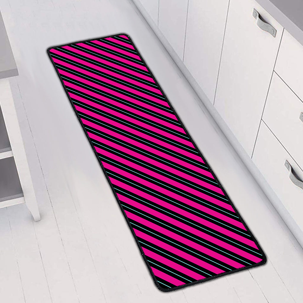 Hot Pink Black And Blue Stripes Print Long Kitchen Mat
