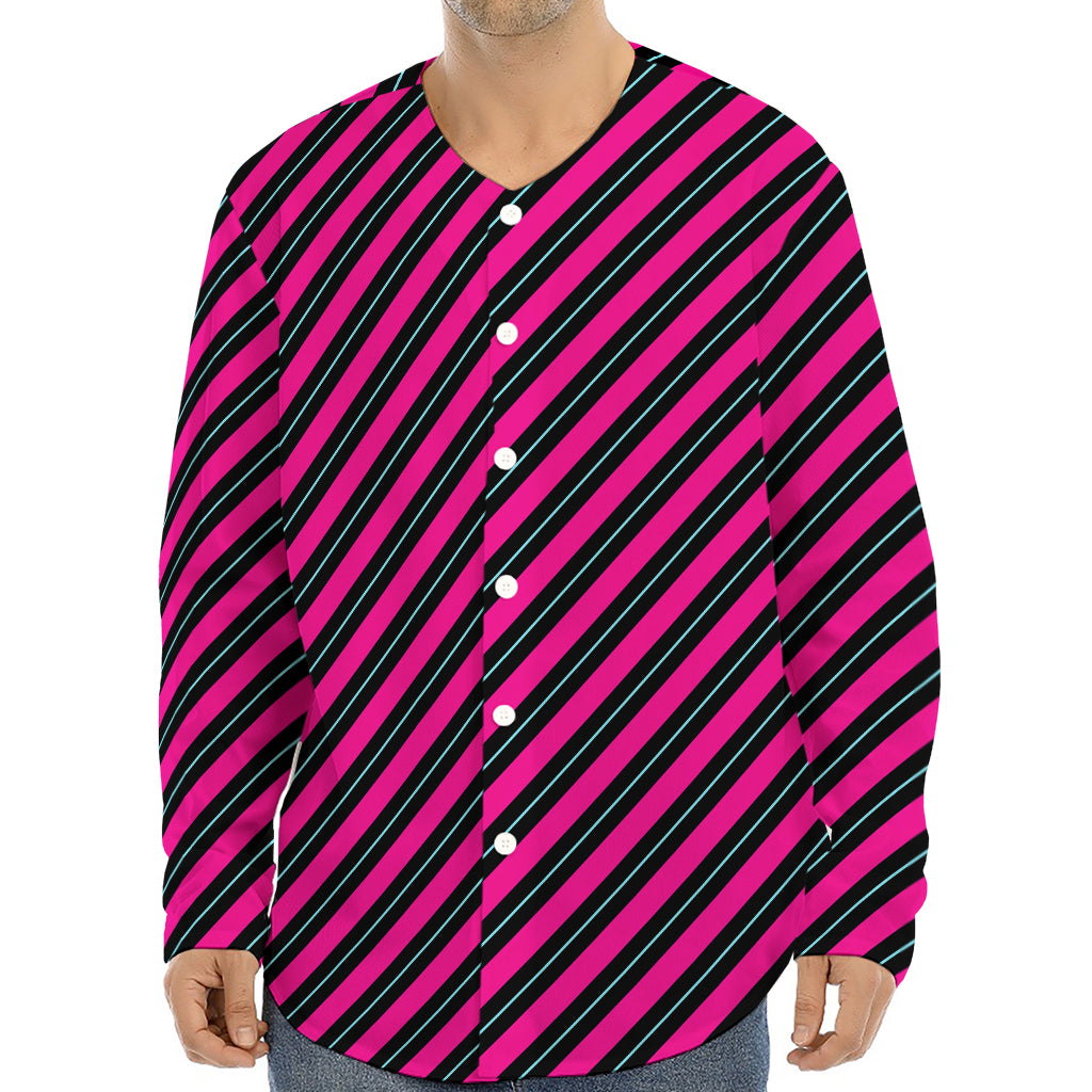 Hot Pink Black And Blue Stripes Print Long Sleeve Baseball Jersey