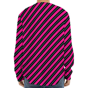 Hot Pink Black And Blue Stripes Print Long Sleeve Baseball Jersey