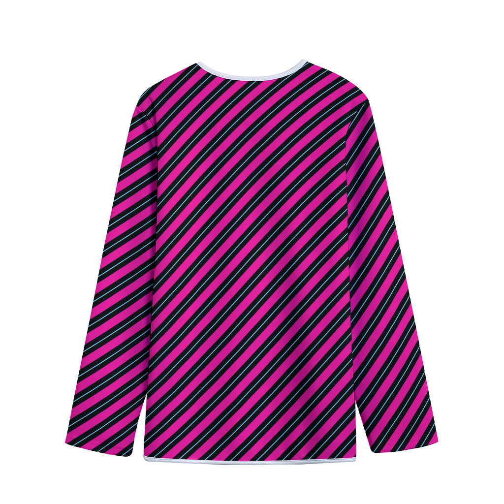 Hot Pink Black And Blue Stripes Print Long Sleeve Short Coat