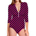 Hot Pink Black And Blue Stripes Print Long Sleeve Swimsuit