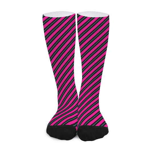 Hot Pink Black And Blue Stripes Print Long Socks