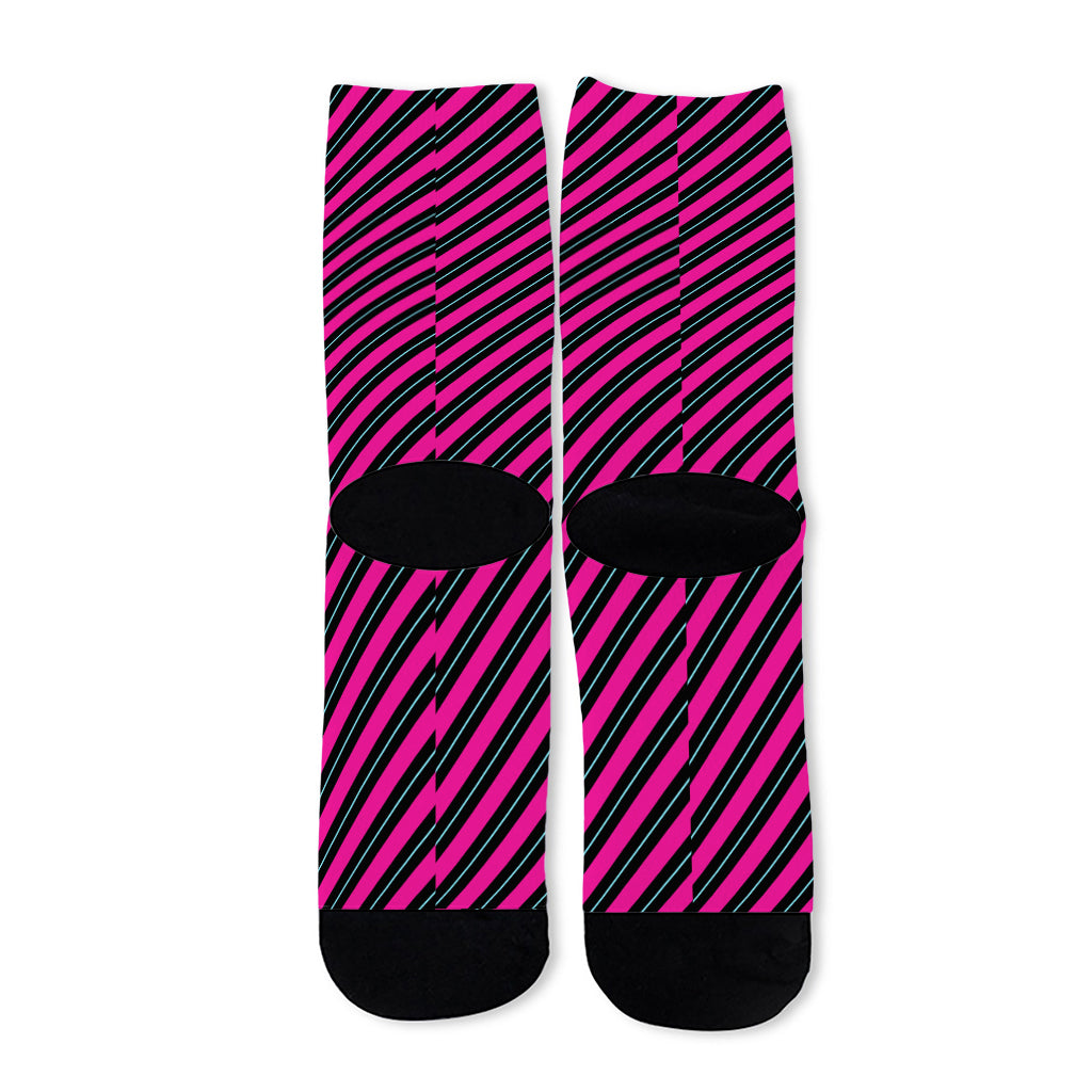 Hot Pink Black And Blue Stripes Print Long Socks