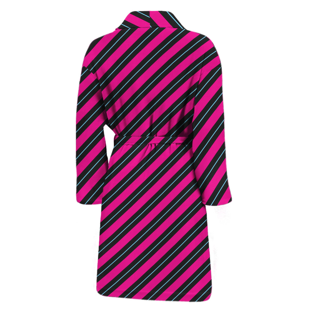 Hot Pink Black And Blue Stripes Print Men's Bathrobe