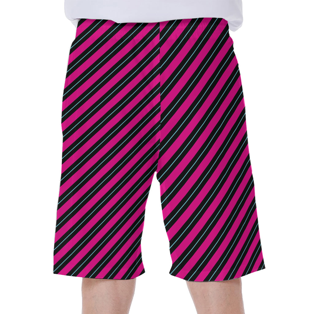 Hot Pink Black And Blue Stripes Print Men's Beach Shorts