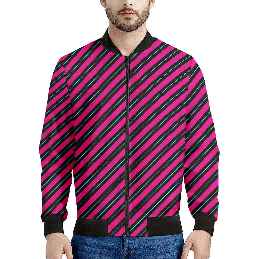 Hot Pink Black And Blue Stripes Print Men's Bomber Jacket