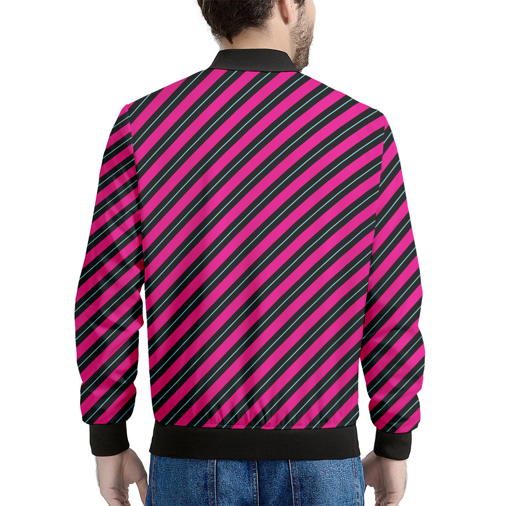 Hot Pink Black And Blue Stripes Print Men's Bomber Jacket