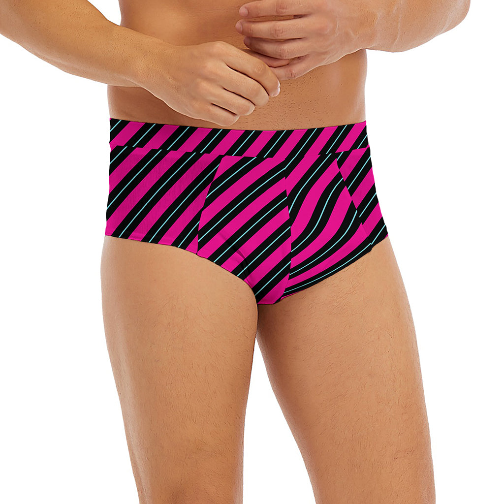 Hot Pink Black And Blue Stripes Print Men's Briefs