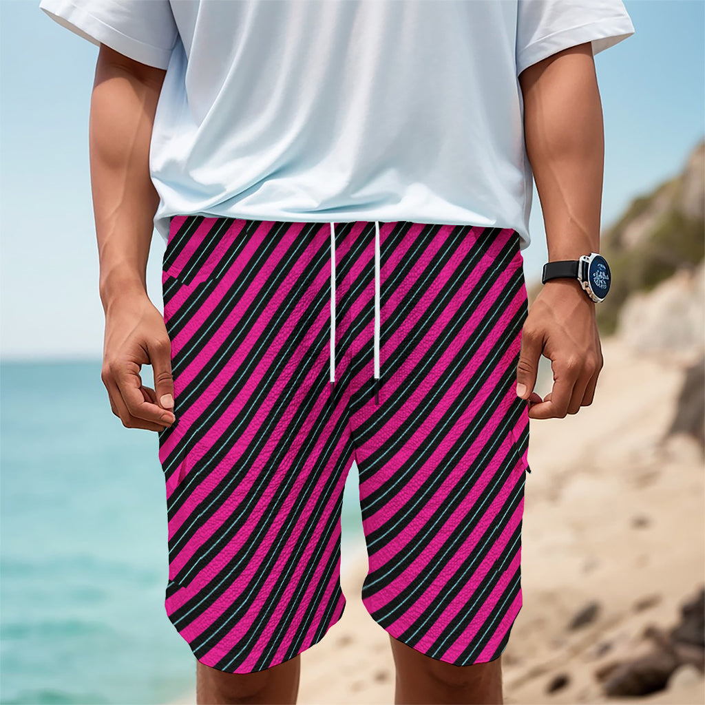 Hot Pink Black And Blue Stripes Print Men's Cargo Shorts