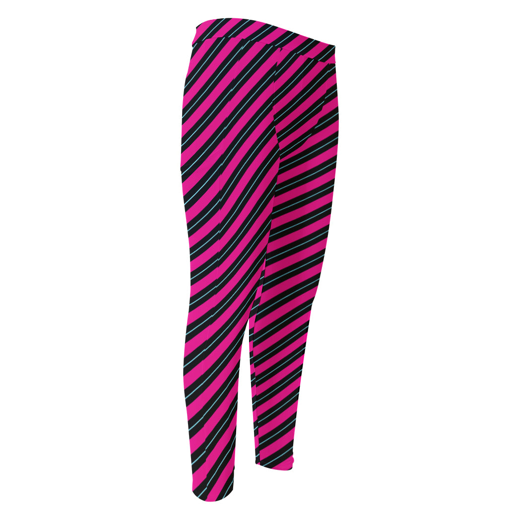 Hot Pink Black And Blue Stripes Print Men's Compression Pants