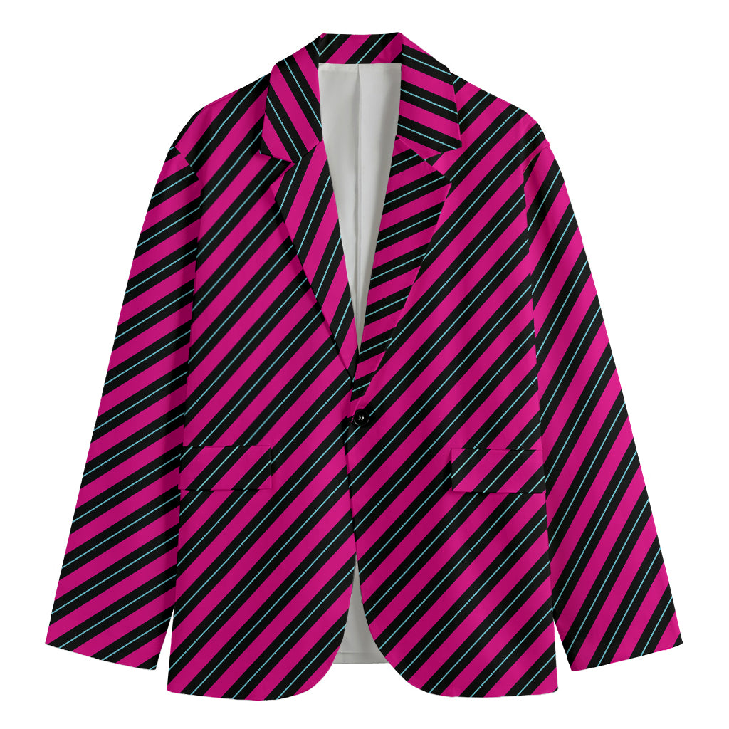 Hot Pink Black And Blue Stripes Print Men's Cotton Blazer