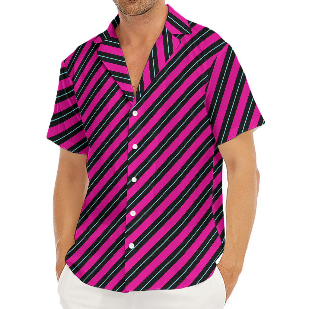 Hot Pink Black And Blue Stripes Print Men's Deep V-Neck Shirt